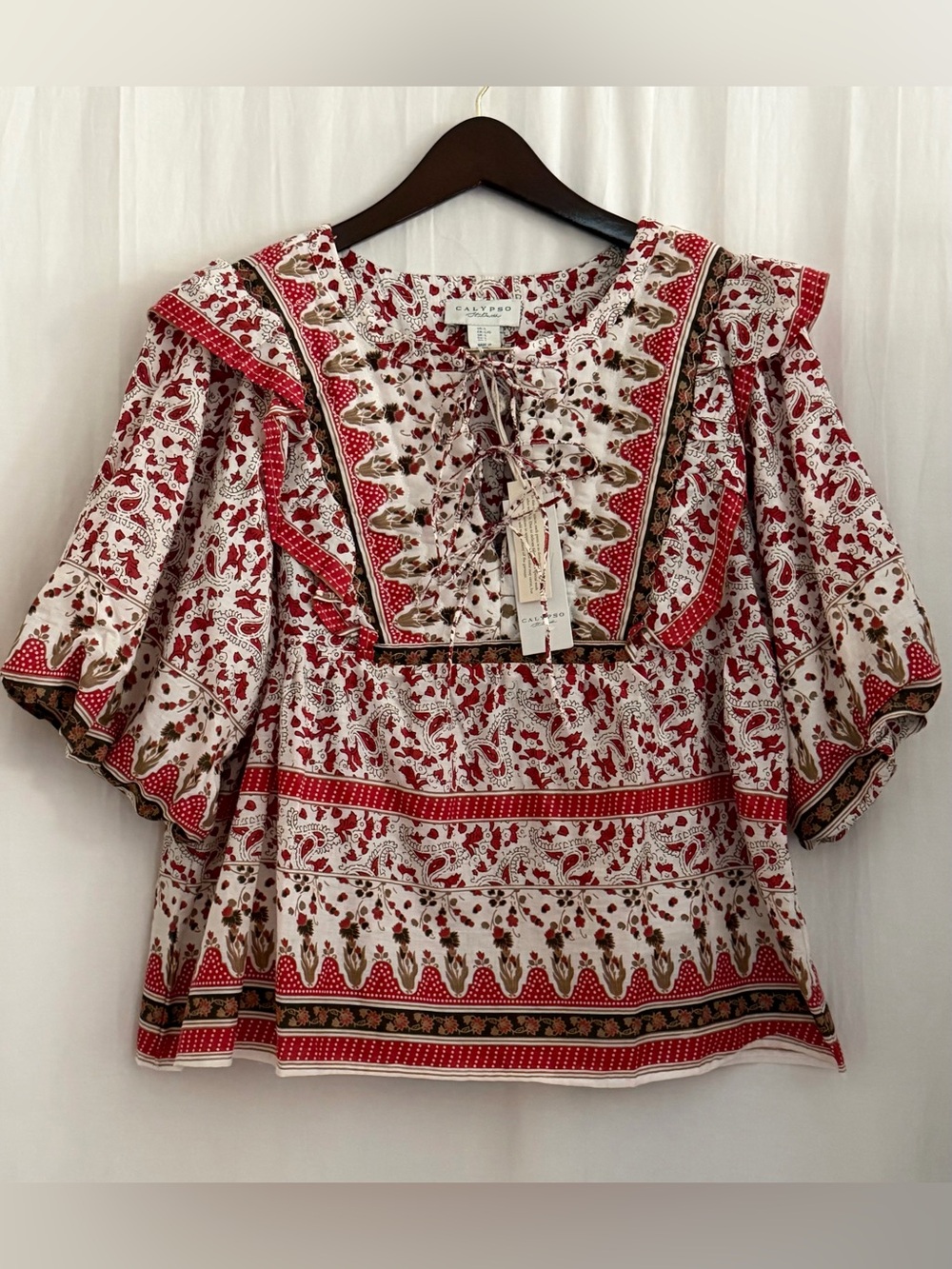 NWT Calypso St.Barth Boho Ruffle Yoke Peasant Blouse Top - Red Floral Print - L - Picture 3 of 15